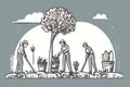 Family Chores Vector Silhouette gardening, planting and garden cleaning.