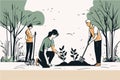 Family Chores Vector Silhouette gardening, planting and garden cleaning.