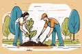 Family Chores Vector Silhouette gardening, planting and garden cleaning.