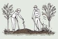 Family Chores Vector Silhouette gardening, planting and garden cleaning.