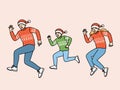 Family in christmas clothes and santa hats dances doing same movements or runs for new year holidays
