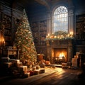 Family Christmas in the traditional old fashioned way: big Christmas tree, Christmas decorations, presents and a cozy fire Royalty Free Stock Photo