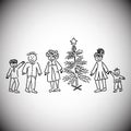 Family at the Christmas tree. Children`s drawing, vector illustration Royalty Free Stock Photo