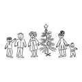 Family at the Christmas tree. Children`s drawing, vector illustration Royalty Free Stock Photo