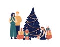 Family and Christmas tree flat vector illustration. Smiling parents and children opening gifts under New Year tree Royalty Free Stock Photo