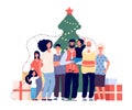 Family at christmas tree. Smiling adults and kids celebrate christmas at home. Xmas and winter holiday party vector flat