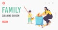 Family Cleaning Garden Landing Page Template. Happy Mother and Baby Collecting Leaves to Bag. Characters Cleanup Royalty Free Stock Photo