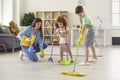 Family cleaning house, hygiene. Cleanliness and tidiness. Housework, housecleaning Royalty Free Stock Photo