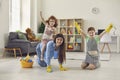 Family cleaning house, hygiene. Cleanliness and tidiness. Housework, housecleaning Royalty Free Stock Photo