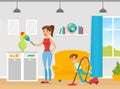 Family Cleaning House Together, Mom Holding Feather Duster, Boy Cleaning the Floor with Vacuum Cleaner, Housekeeping Royalty Free Stock Photo