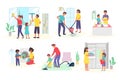 Family cleans house, children help parents with housework, set of isolated on white vector illustrations. Mother and