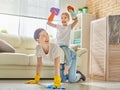 Family cleans the room