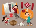 A family cleans their home thoroughly before new year.