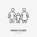 Family clinic doodle line icon. Vector thin outline illustration of father, mother and child. Black color linear sign