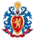Family coat of arms. A golden griffin on a red almond-shaped shield. Above is a Turkic helmet