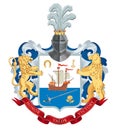 Family coat of arms. The lion and the bear are holding a shield. On the shield is a sailing ship and a sword