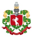 Family coat of arms. White horse on a red shield. Above there is a knight`s helmet, crown and an owl