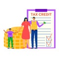 Family with coins stack and tax credit checklist. Financial planning, parents with child saving money. Tax deductions