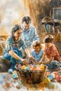 Family collaborating in a bright kitchen preparing a homemade meal surrounded by fresh vegetables and utensils