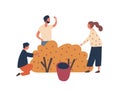 Family collecting berries flat vector illustration. Mother, father and little son cartoon characters. Farmers couple