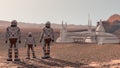 Family colonists immigrants to Mars, a man, a woman and a child admire the Martian landscape, the city and spaceship. Exploring Royalty Free Stock Photo