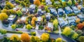 Family colorful houses in neighborhood with green trees, Aerial View of Sustainable settlement Royalty Free Stock Photo