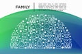 Family concept in half circle with thin line icons: mother, father, newborn, son, daughter, lesbian, gay, single mother and child