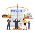 Family Conflict Concept With Husband, Wife And Kid Characters At Scales In Law Judge Courthouse During Court Hearing Royalty Free Stock Photo