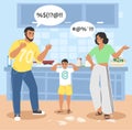 Family conflict, relationship problems scene, vector illustration. Father and mother shouting in presence of child.