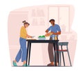 Family Cooking at Home, Man and Woman Prepare Dinner with Fresh Products on Table. Young Couple Characters Cook