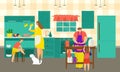 Family cooking in kitchen at home, vector illustration. People man woman character make flat food and meal for girl boy Royalty Free Stock Photo