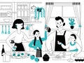 Family cooking. Mother son cook, parents and kids dinner prepare. Young person eating, housewife on kitchen. Home food Royalty Free Stock Photo