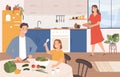 Family cooking together. Cartoon happy parents and daughter making dinner together in kitchen. Father and child cutting