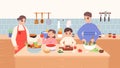 Family cooking together at home kitchen. Happy time with parents and siblings. People preparing lunch, breakfast or Royalty Free Stock Photo