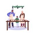 Family cooking together. Mother, father, child baking Christmas gingerbread behind kitchen table. Parents and kid making