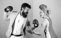 Family couple boxing gloves. problems in relationship. sport. bearded man hipster fighting with woman. Strength and Royalty Free Stock Photo