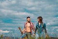 Family couple hiking in mountains, travel adventure vacations group hikers couple trekking outdoor, healthy lifestyle Royalty Free Stock Photo