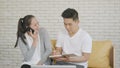 Family couple husband and wife working confirming booking having talking call phone Royalty Free Stock Photo