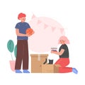 Family Couple Packing Belongings in Cardboard Boxes, People Relocating to New Apartment Vector Illustration