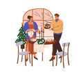 Family couple serving dining table for festive Christmas dinner. Happy man and woman with holiday meal, cake at Xmas eve Royalty Free Stock Photo