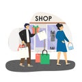 Family couple shopping in fashion boutique, flat vector illustration. Wife and husband in women clothing store, mall.