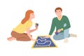 Family couple sitting on floor and playing adventure board game. People spending pastime together at home cartoon vector Royalty Free Stock Photo