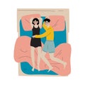 Family Couple Sleeping Together in Bed, Husband Embracing His Wife, View From Above Vector Illustration