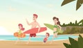 Family couple travellers. Happy kids with parents smiling people on tropical beach sea or ocean summer vacation vector