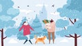 Family, couple with dog walks in winter park, carries groceries bag vector illustration. Royalty Free Stock Photo