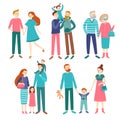 Family couples. Father and mother with children, brother and sister. Members of homosexual families, young or elderly couple