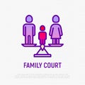 Family court thin line icon: parents on scales and child between them. Modern vector illustration of divorce