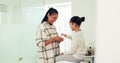 Family, cream and mother with girl, bathroom and skincare for wellness and hygiene at home together. Love, beauty and