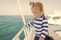 Family cruise vacations. Kid boy toddler travelling sea cruise. Child in striped shirt looks like young sailor. Child Royalty Free Stock Photo