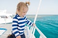 Family cruise vacations. Kid boy toddler travelling sea cruise. Child in striped shirt looks like young sailor. Child Royalty Free Stock Photo